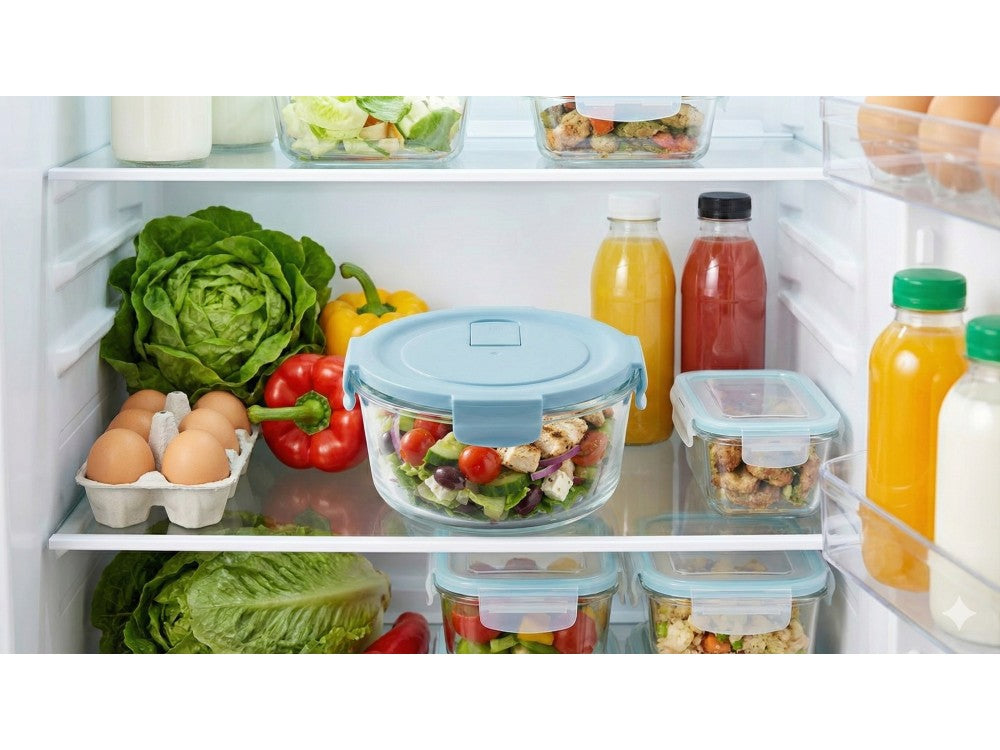 AJ Glass Food Container Round 420ml – Airtight, Light Blue Lid – view 4