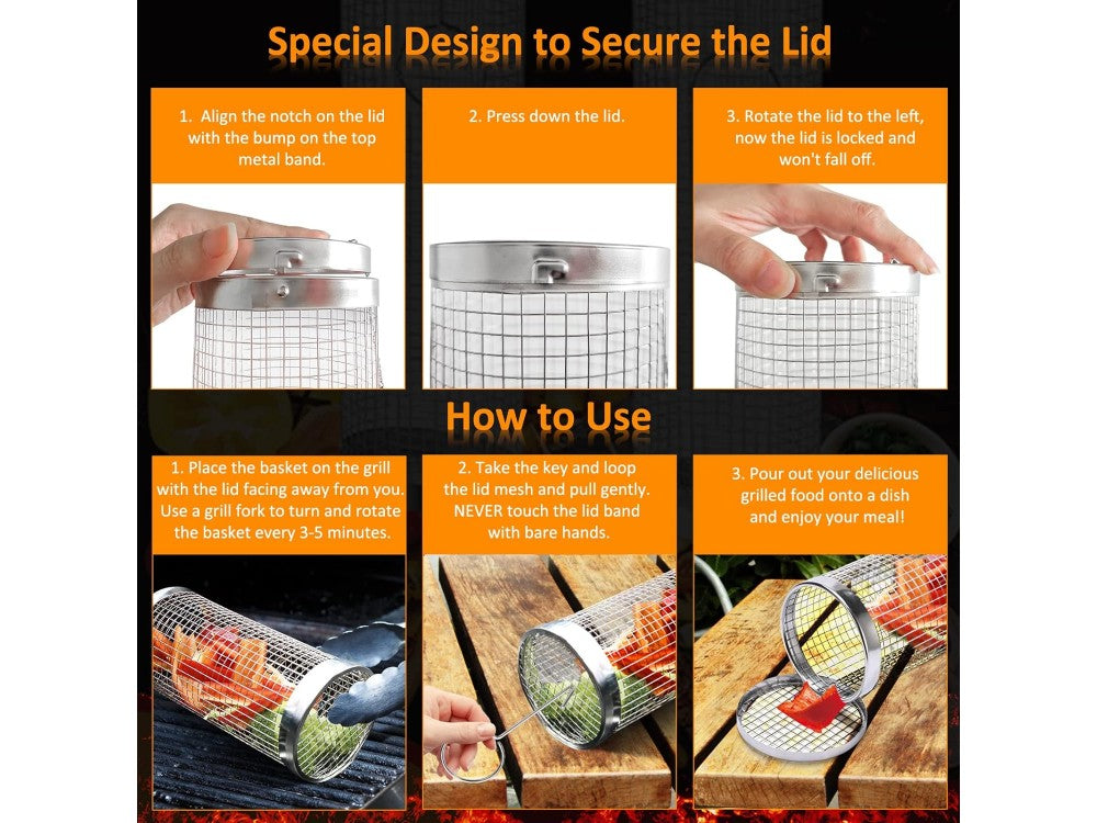 AJ 2-Pack BBQ Rolling Grilling Baskets – Stainless Steel 304, Cylindrical – view 4