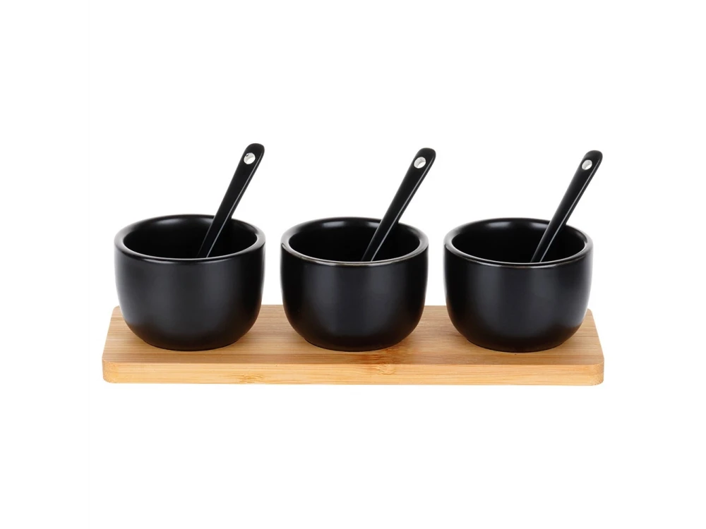 Vilde Ceramic Snack Bowls Set of 3 with Spoons & Bamboo Stand – Black – view 5
