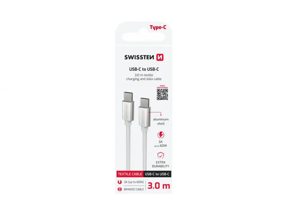 Swissten Textile USB-C to USB-C Cable 3m – 60W, Nylon Braided, Aluminium Connectors, Silver – view 5