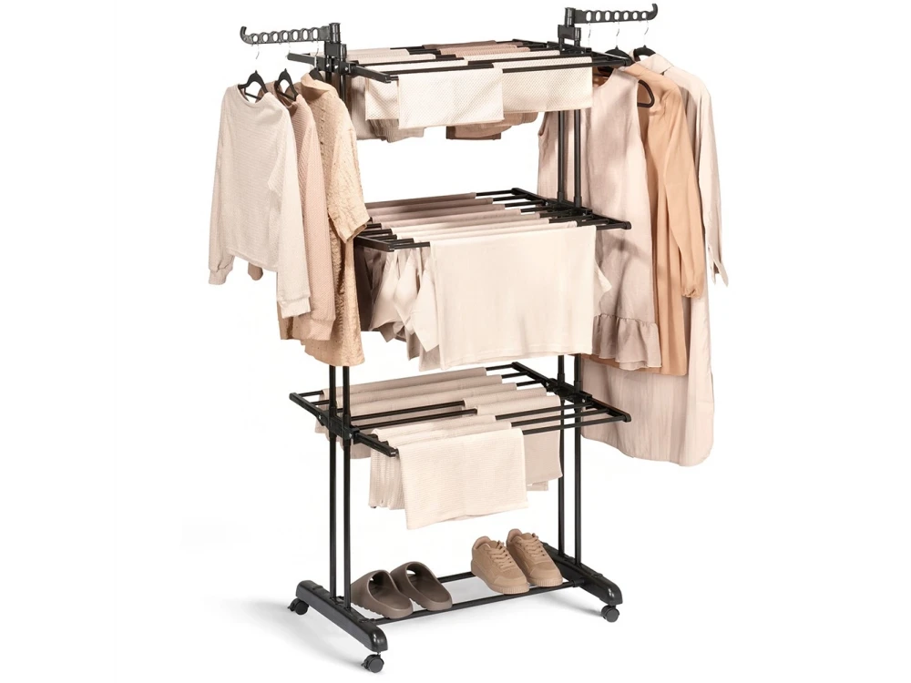 Vilde Vertical Drying Rack 3-Tier 78×64×170cm with Wheels & Hangers, Black – view 5