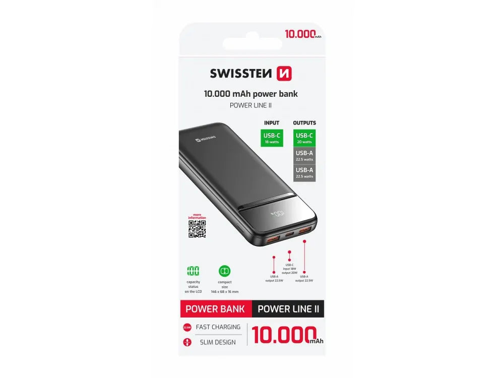 Swissten Power Line II 10000mAh 22.5W PD Power Bank – 3 Ports, LED %, Black – view 5