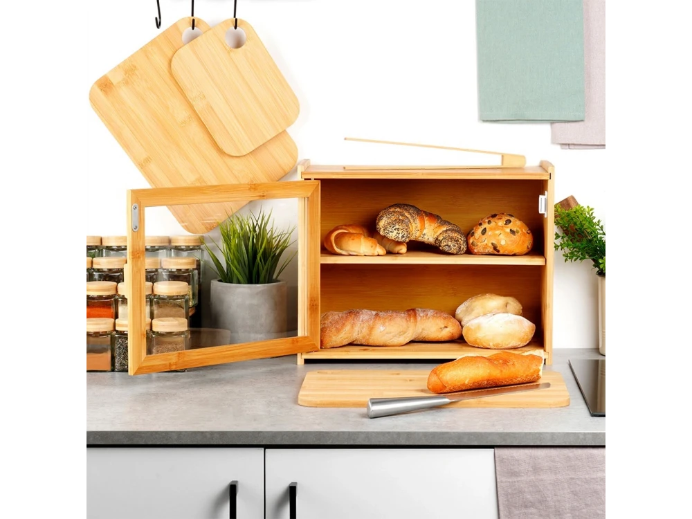 Vilde Bamboo Bread Bin 2-Tier 40×20×31cm with Clear Window and Bamboo Tongs – view 5