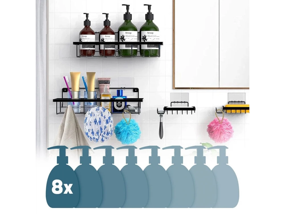 Vilde 4-Pack Shower Caddy Adhesive Wall-Mounted Metal Bathroom Organizer – Black – view 5