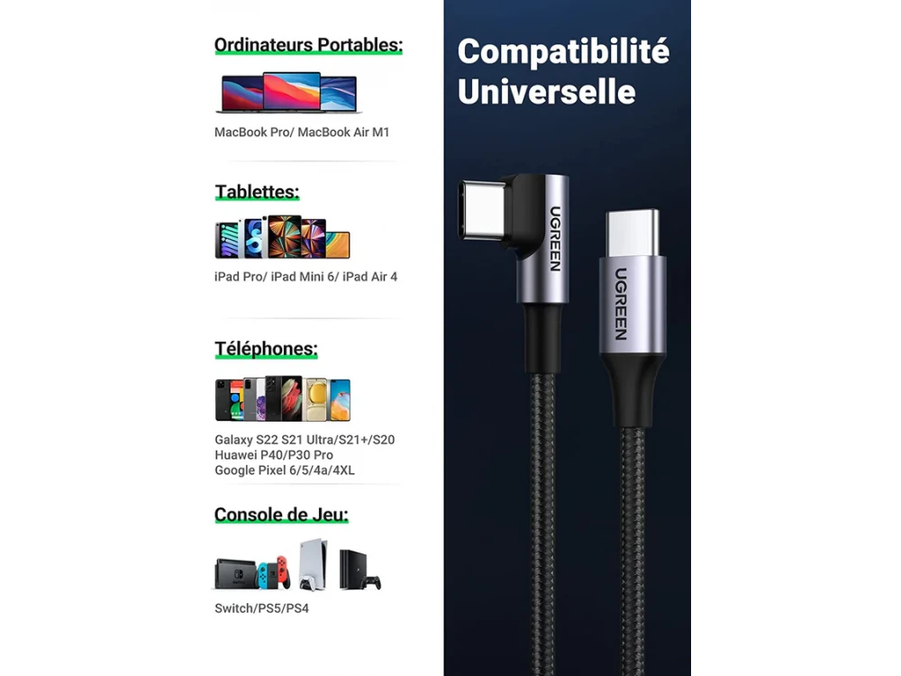 Ugreen 90° USB-C to USB-C Cable 2m – L-Shaped, 60W, 480Mbps, Nylon Braided, Black – view 5