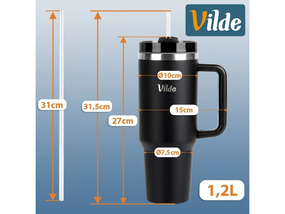 Vilde Travel Mug Steel 1.2L – Stainless, Vacuum Insulated, Straw, Handle, Black – view 5