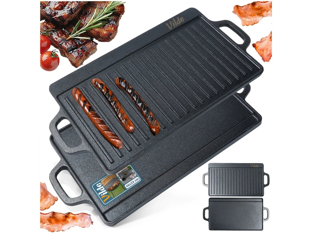 Vilde Premium Cast Iron Grill Plate 45×25cm – Double-Sided, Ribbed + Smooth – view 5