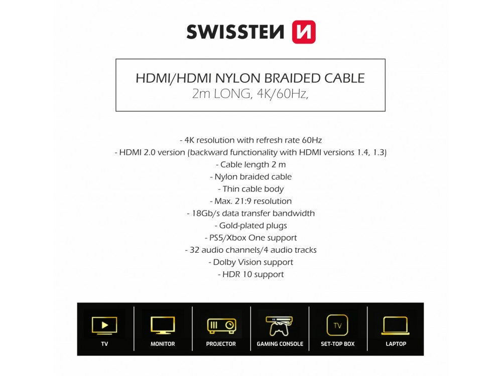 Swissten HDMI 2.0 Cable 2m – 4K@60Hz, HDR, 18Gbps, Gold Plated Nylon Braided – view 5