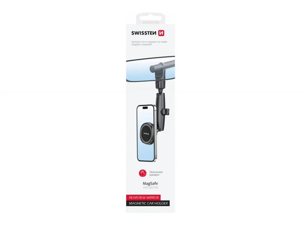 Swissten Rearview Mirror Magnetic Car Phone Holder – MagSafe Compatible, Adjustable, Black – view 5