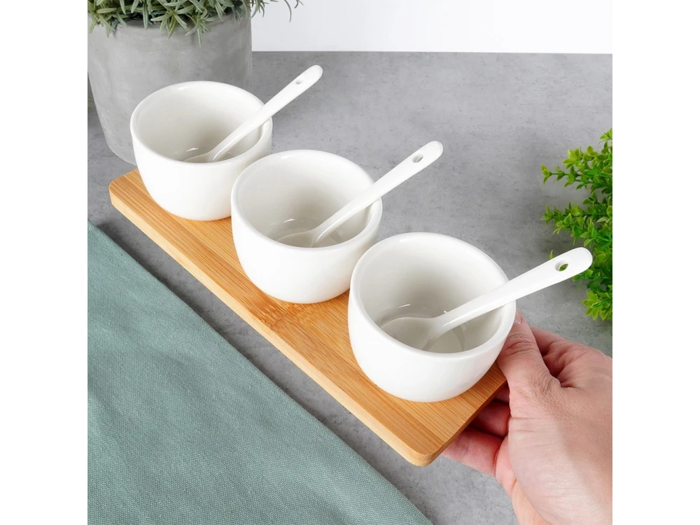 Vilde Ceramic Snack Bowls Set of 3 with Spoons & Bamboo Stand – White – view 5