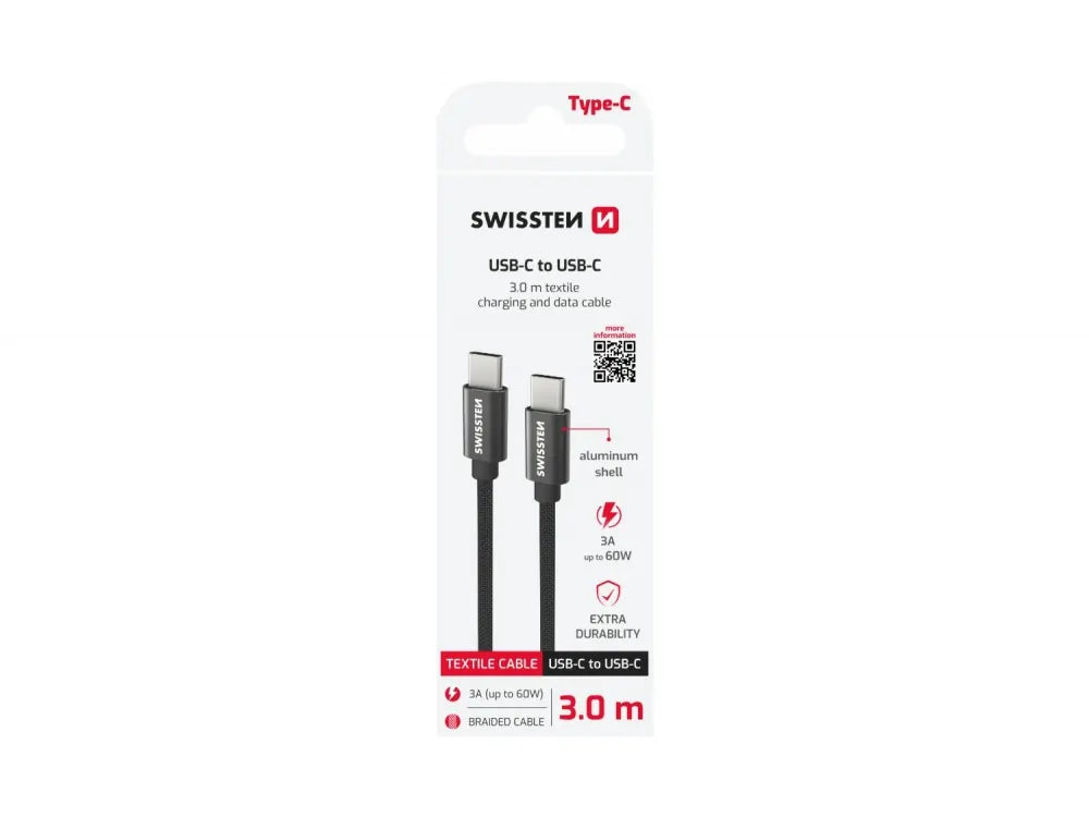 Swissten Textile USB-C to USB-C Cable 3m – 60W, Nylon Braided, Aluminium Connectors, Black – view 5