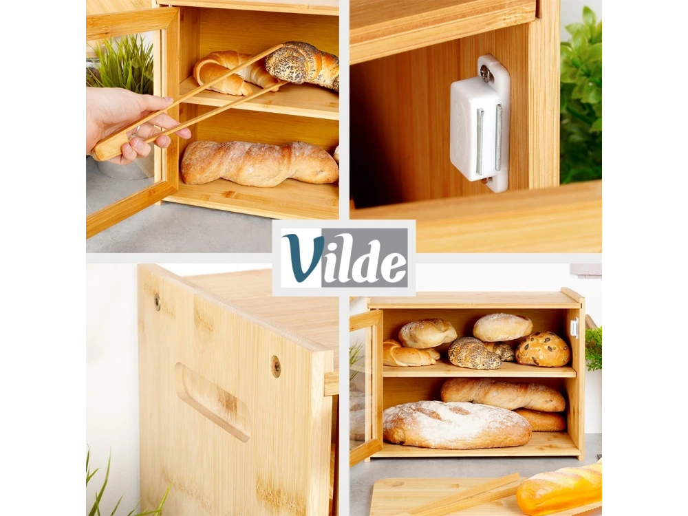 Vilde Bamboo Bread Bin 2-Tier 40×20×31cm with Clear Window and Bamboo Tongs – view 6