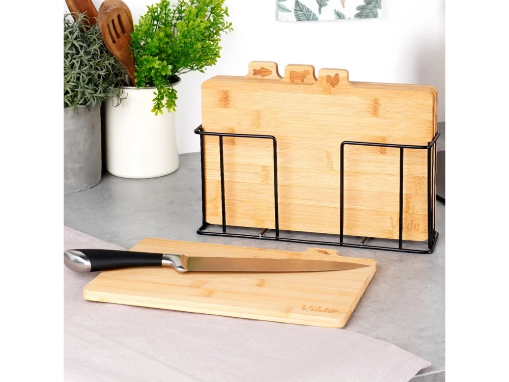 Vilde Premium Bamboo Chopping Boards Set of 4 with Stand – 28x20 cm, Food Icons – view 6