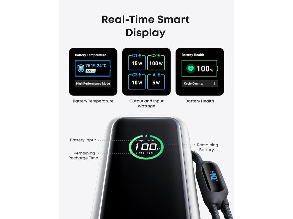 Anker Laptop Power Bank 25000mAh 165W – 3× USB-C 100W, USB-A, Built-in Cables, LED Display, Silver – view 6