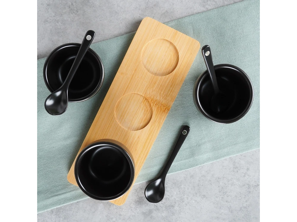 Vilde Ceramic Snack Bowls Set of 3 with Spoons & Bamboo Stand – Black – view 6