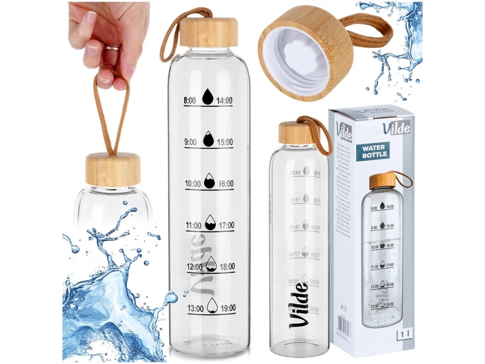 Vilde Glass Water Bottle 1L with Time Marker, Bamboo Lid & Airtight Seal – view 6