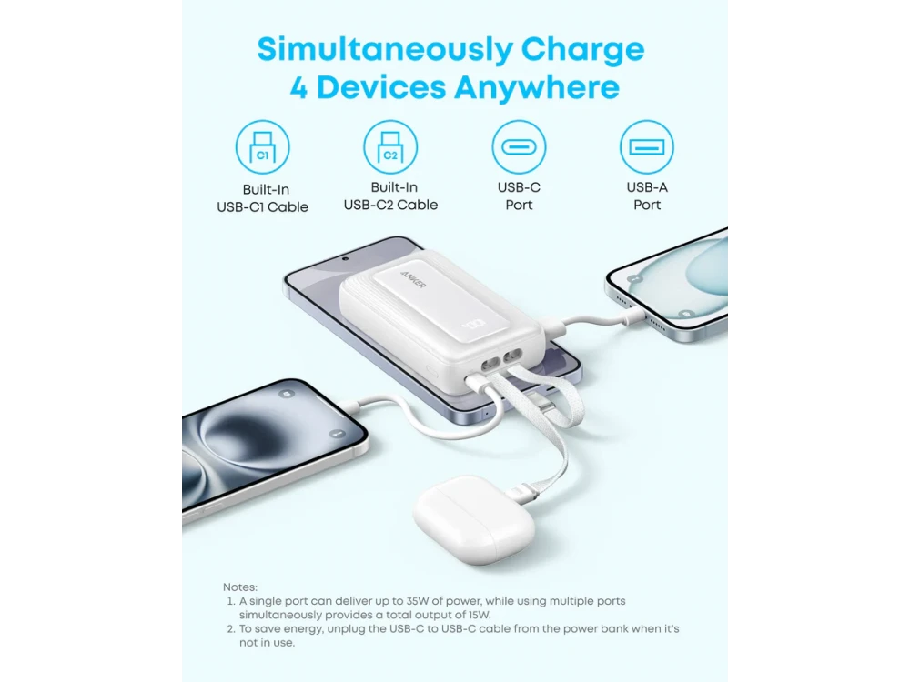 Anker Zolo Power Bank 10000mAh 35W – 2 Built-in USB-C Cables + USB-C + USB-A, Black – view 6