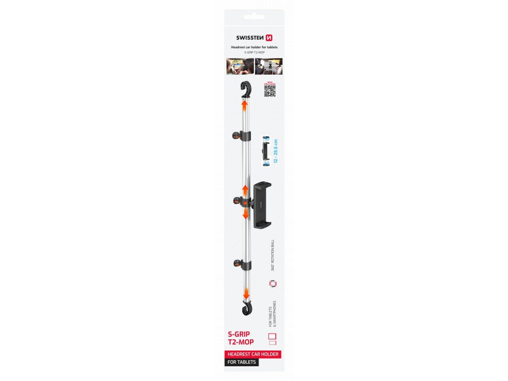 Swissten S-GRIP T2-MOP Car Headrest Tablet Holder – Extendable 50–72cm, 360° Rotation, Black – view 6