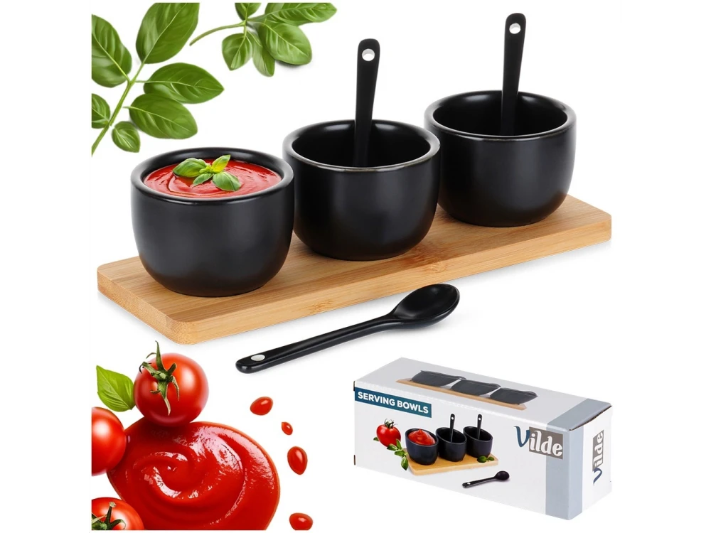 Vilde Ceramic Snack Bowls Set of 3 with Spoons & Bamboo Stand – Black – view 7