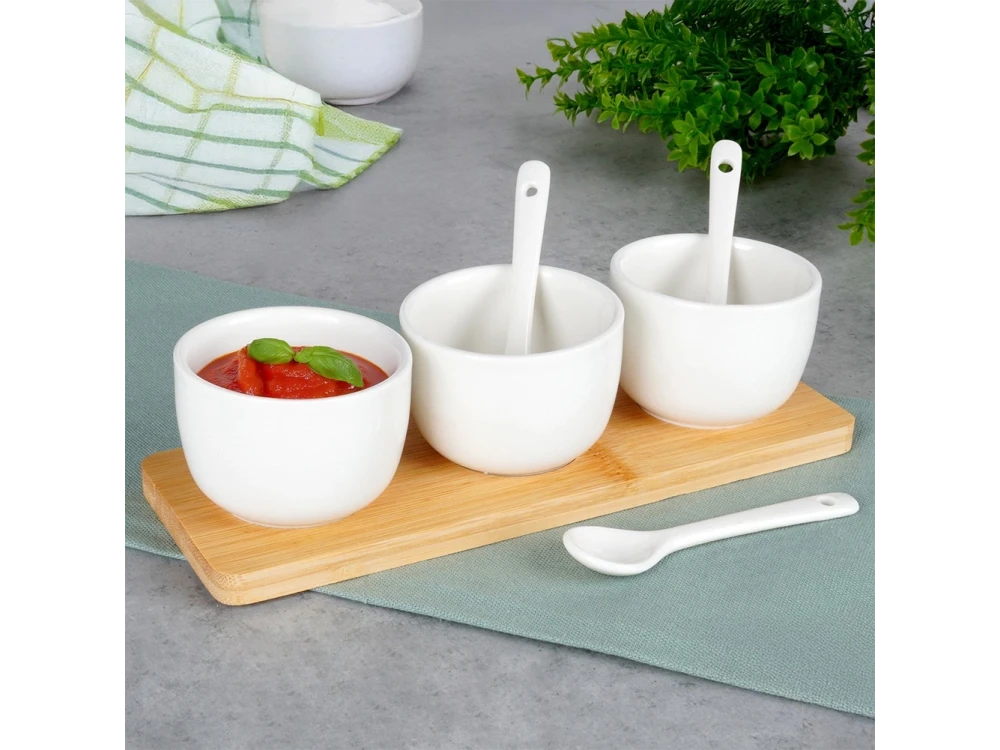 Vilde Ceramic Snack Bowls Set of 3 with Spoons & Bamboo Stand – White – view 7