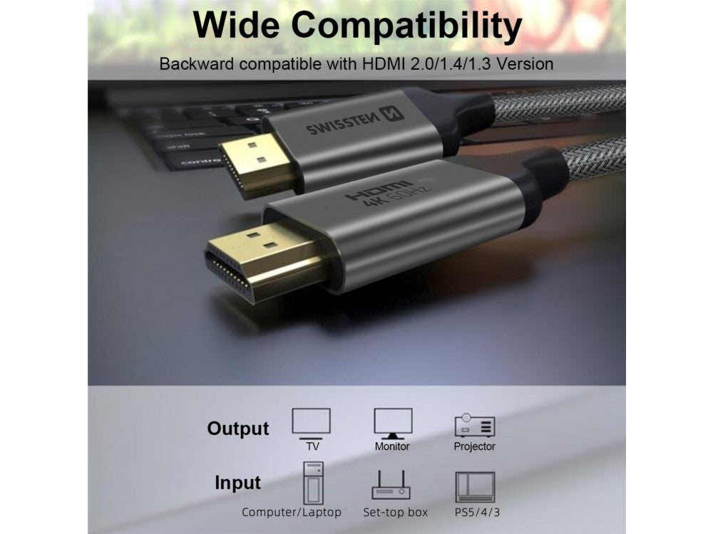 Swissten HDMI 2.0 Cable 2m – 4K@60Hz, HDR, 18Gbps, Gold Plated Nylon Braided – view 8