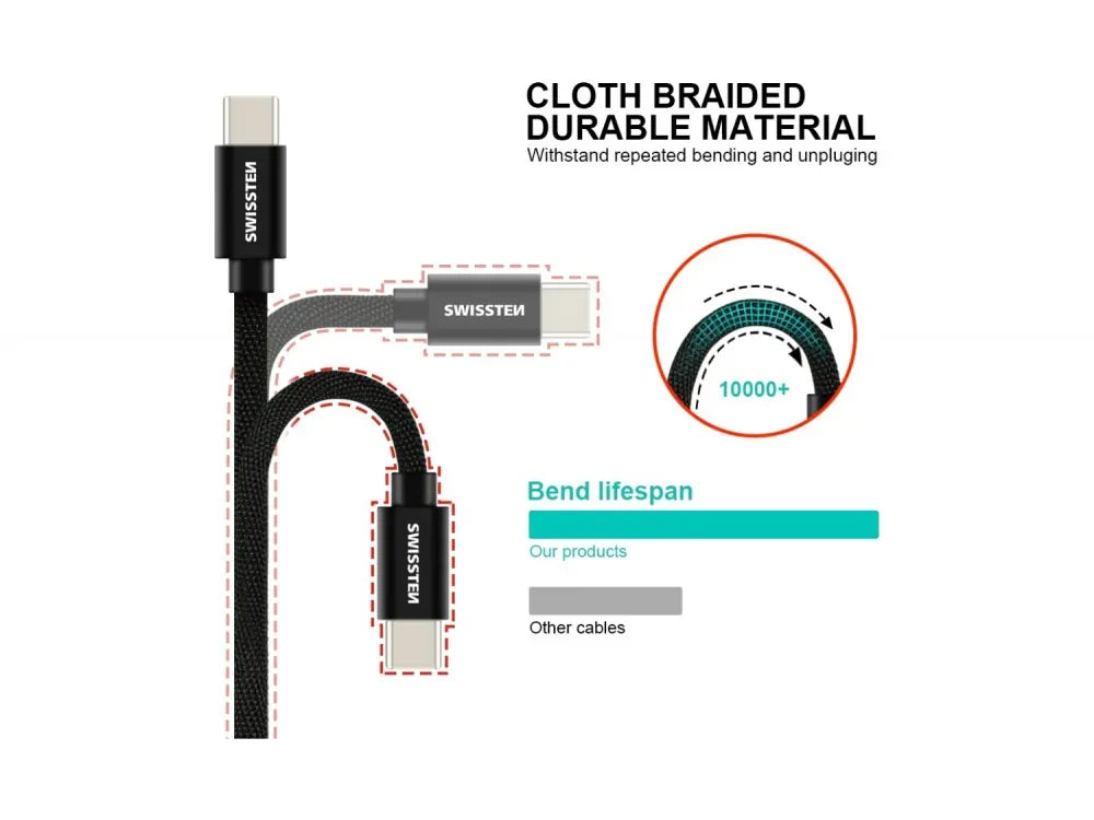 Swissten Textile USB-C to USB-C Cable 3m – 60W, Nylon Braided, Aluminium Connectors, Silver – view 8