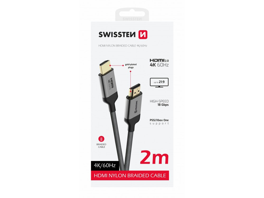 Swissten HDMI 2.0 Cable 2m – 4K@60Hz, HDR, 18Gbps, Gold Plated Nylon Braided – view 9