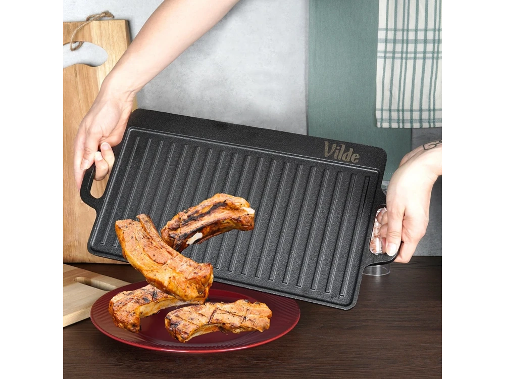 Vilde Premium Cast Iron Grill Plate 45×25cm – Double-Sided, Ribbed + Smooth – view 9