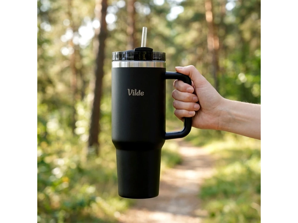 Vilde Travel Mug Steel 1.2L – Stainless, Vacuum Insulated, Straw, Handle, Black – view 9