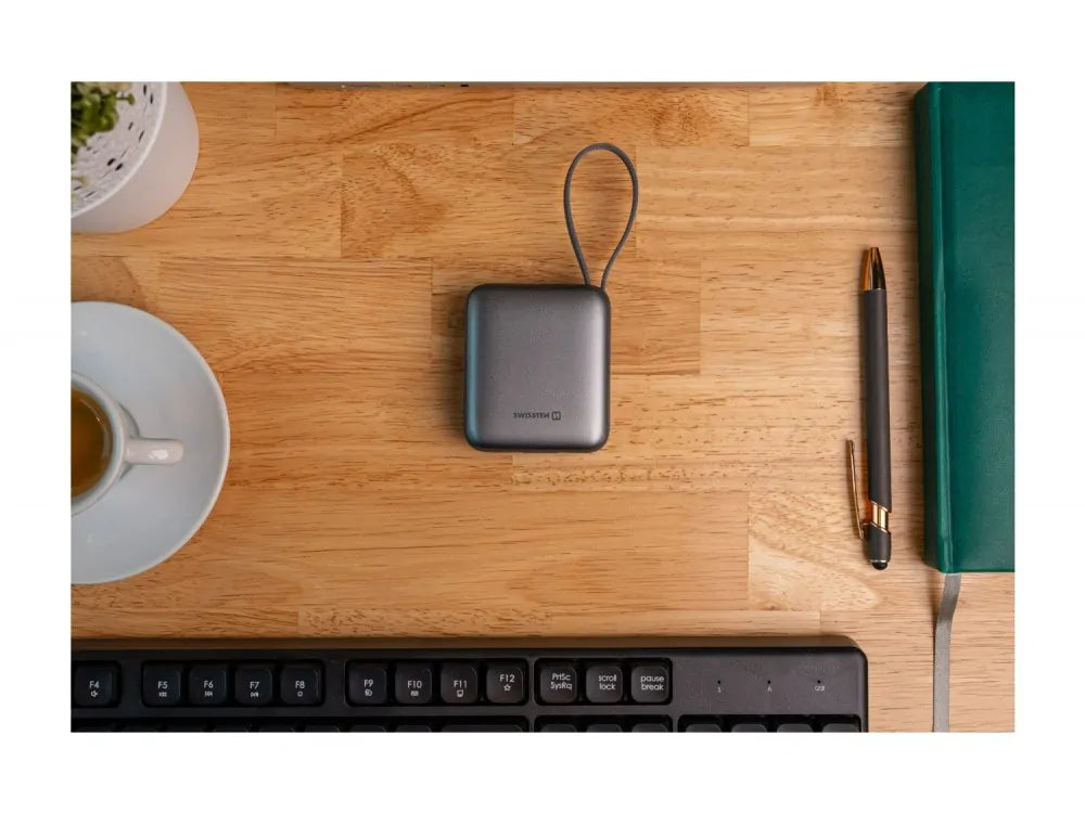 Swissten Space Power Bank 10000mAh 22.5W – Built-in USB-C & Lightning Cables, LCD, Silver – view 10