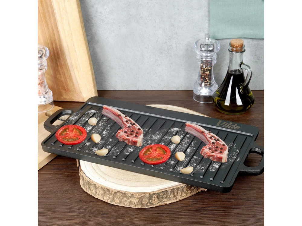 Vilde Premium Cast Iron Grill Plate 45×25cm – Double-Sided, Ribbed + Smooth – view 10