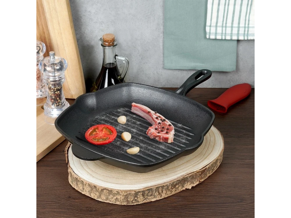 Vilde Premium Cast Iron Grill Pan 28 cm – Ridged Square Pan, Silicone Handle Grip – view 11