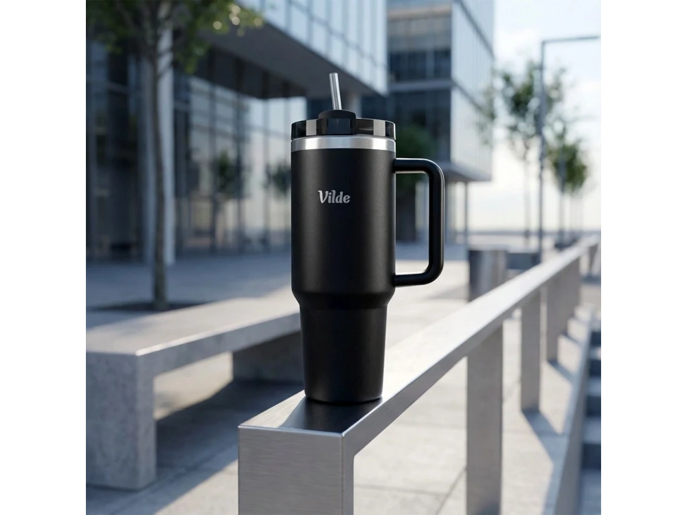 Vilde Travel Mug Steel 1.2L – Stainless, Vacuum Insulated, Straw, Handle, Black – view 11