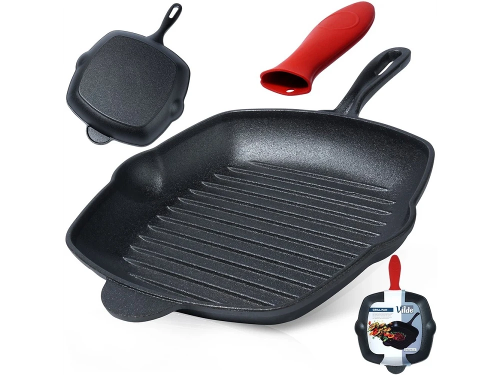 Vilde Premium Cast Iron Grill Pan 28 cm – Ridged Square Pan, Silicone Handle Grip – view 15