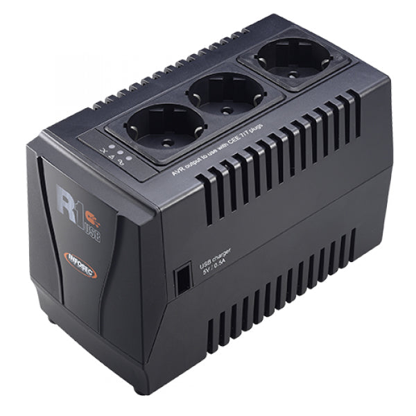 Infosec R1 USB 600 Voltage Stabilizer 600 VA / 300 W – 3 Schuko Outlets & USB Charger Port – view 2