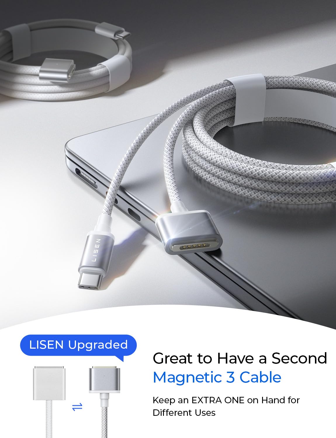 LISEN 2E332 Magnetic USB-C Charging Cable 2 m – 140 W PD, Braided Nylon, Grey – view 2