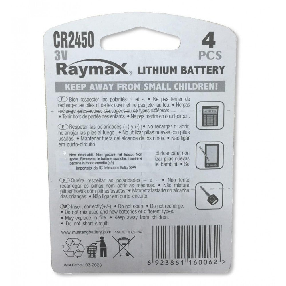Raymax IBT-KCR2450R CR2450 Lithium Coin Cell – 3.0 V, 610 mAh, 24.5×5.0 mm & 4-Pack – view 2